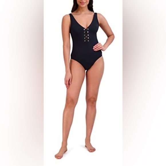 BCBGMAXAZRIA One Piece Swimsuit Lace Up Grommet Tummy Control Black Size Small - Picture 3 of 6